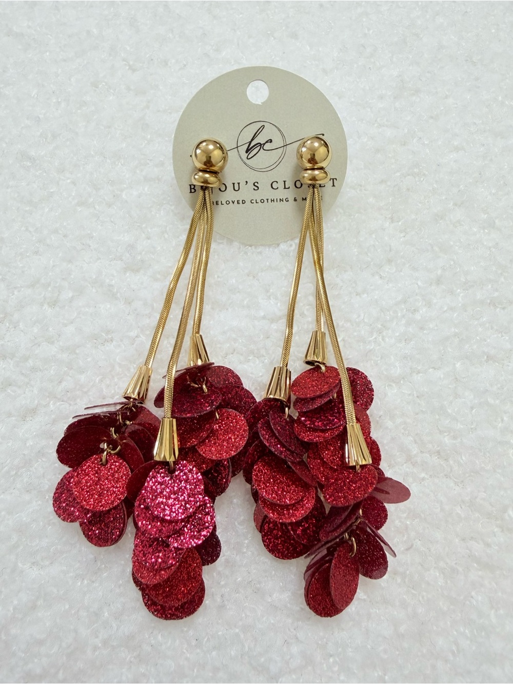 Gold-Tone Earrings with Red Glitter Sequin Drops